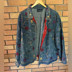 Jane Ashley Floral Embroidered Denim Jean Jacket Button Down Shirt Women’s